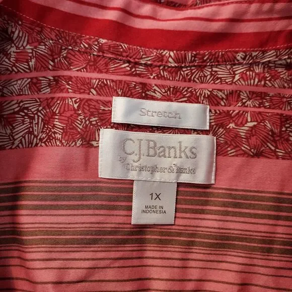 CJ Banks Shirt Top Womens Plus 1X Button Up Stretch Striped Floral 3/4 Sleeves - Picture 7 of 12